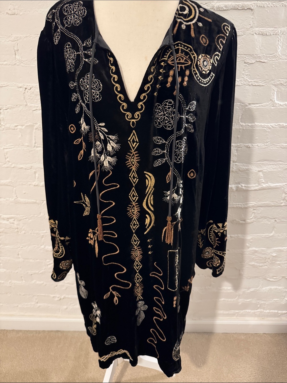 Johnny Was Black Velvet Tunic Dress with Gold & Silver Embroidery- L